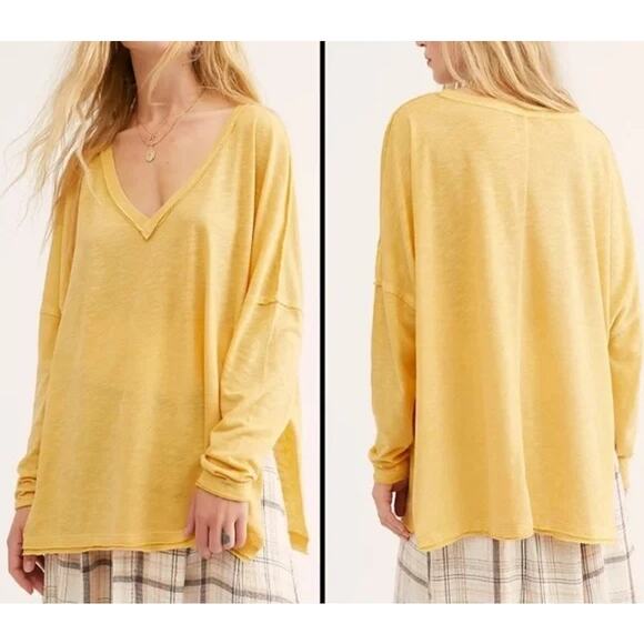 Free People We The Free On My Mind V-Neck Top Yellow Size XS Slouchy Oversized - Picture 1 of 14